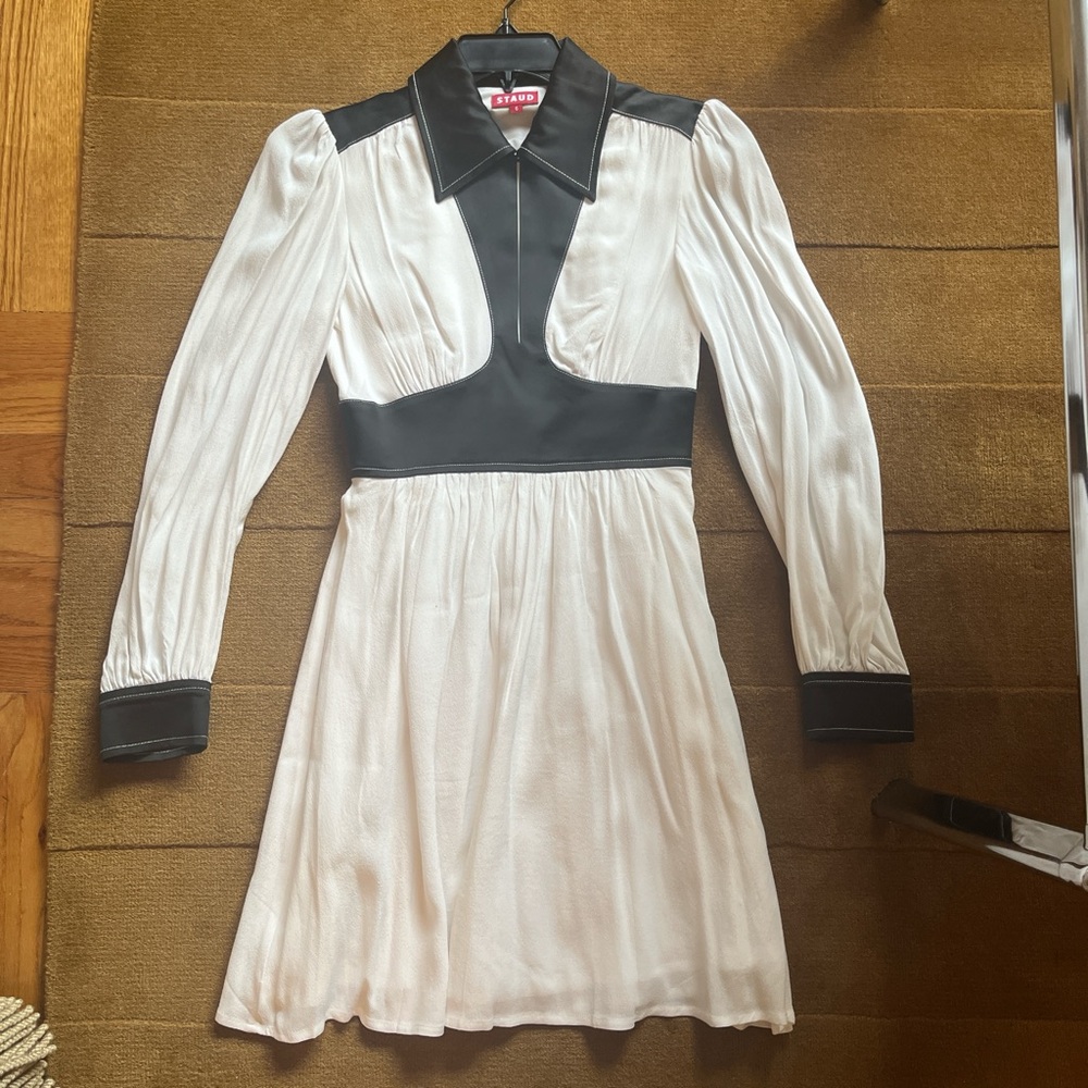 STAUD Black and White Long Sleeve Dress